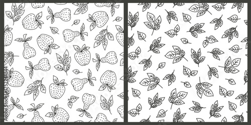 Fruits, apples, pears, branches with leaves. Seamless black and white set patterns, doodle style. Vegetarian food, healthy eating. Repeating background.