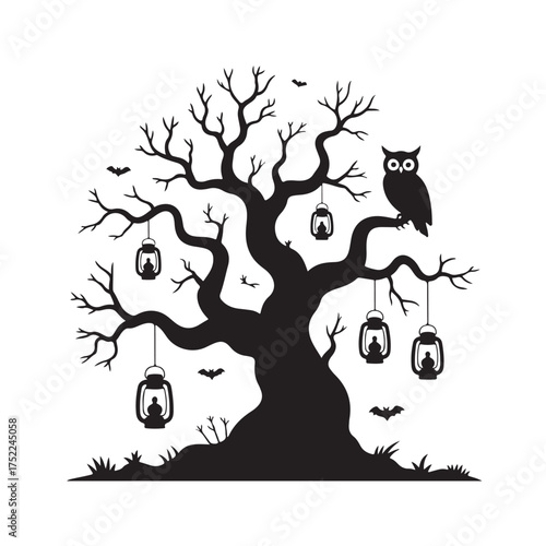 Silhouette of a spooky halloween tree with lanterns and an owl, isolated on white background