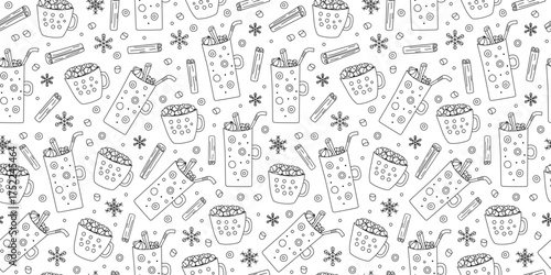 Coffee cup, cocoa. Seamless pattern.  Mug with sweets, hot drinks, cinnamon sticks. Winter, snowflakes. Repeating Christmas background. Delicious dessert with marshmallows. Set of drawing, doodle.