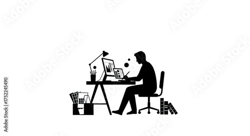 Creative designer working on a digital project with a pen and computer creating stunning visuals in a modern workspace with books and tools