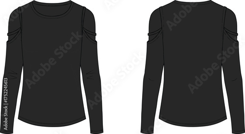 top women cold shoulder long sleeve round neckline cutout fitted curved hem apparel garment clothing fashion textile template vector sketch illustration design pattern stylish modern chic wardrobe pro