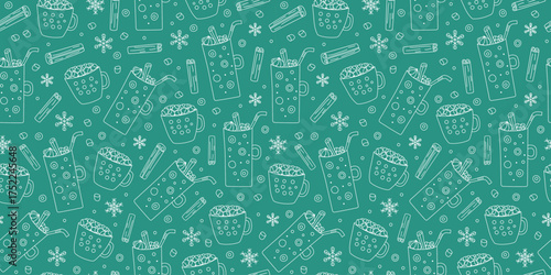 Coffee cup, cocoa pattern. Mug with sweets, hot drinks, cinnamon sticks. Winter, snowflakes. Repeating Christmas background. Delicious dessert with marshmallows. Set of drawing, doodle.