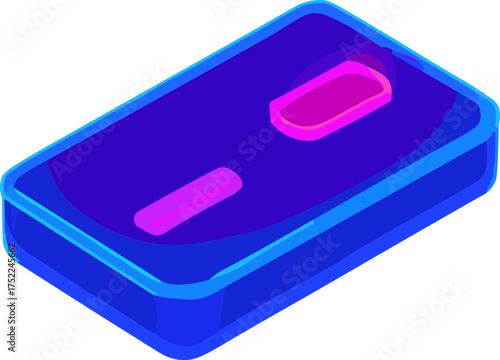 A neon isometric smartphone icon with glowing blue and pink accents, representing modern technology, digital communication, and futuristic mobile device aesthetics.