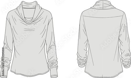 top women cowl neckline draped long sleeve ruched cuff flared hem apparel garment clothing fashion textile template vector sketch illustration design pattern stylish modern chic wardrobe prototype sil
