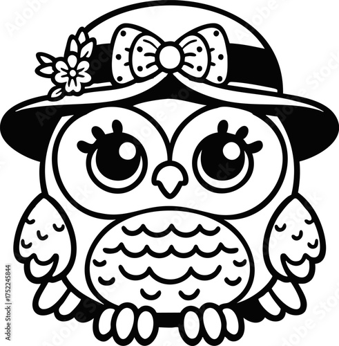 Cute owl wearing hat with bow, black and white vector illustration, adorable bird line art for minimalist design, children’s prints, or whimsical decorative projects