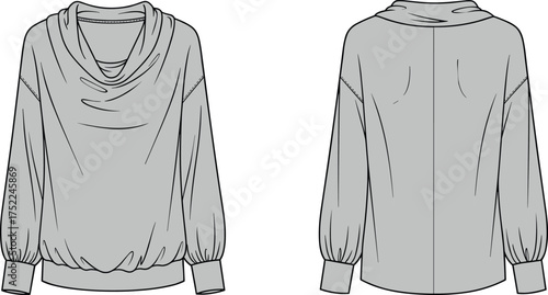 top women cowl neckline draped long sleeve gathered cuff ribbed hem blouson silhouette apparel garment clothing fashion textile template vector sketch illustration design pattern stylish modern wardro