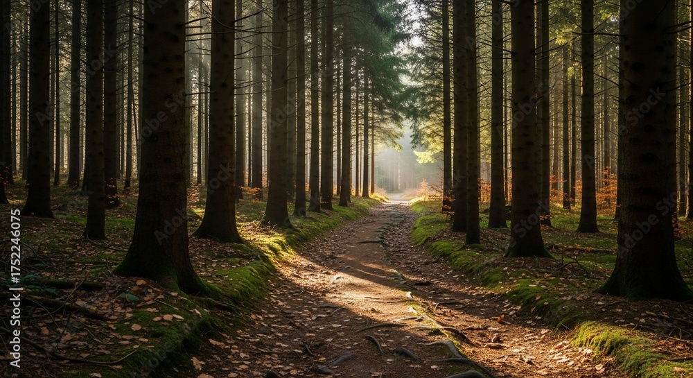 Fototapeta premium Sunlit Forest Path - A Serene Walk Through Tall Trees and Golden Light.