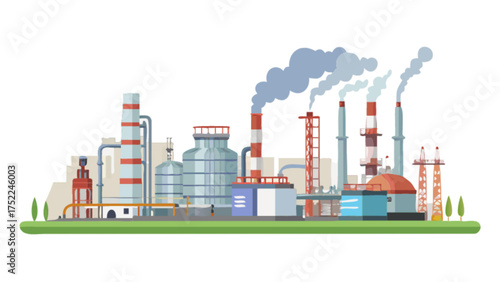 Illustration of industrial factory plant with smoke stacks and manufacturing buildings vector image