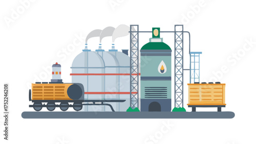Industrial plant factory with train and storage tanks vector illustration graphic design