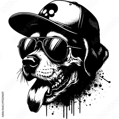 Cool Dog's Vibe: A striking monochrome illustration captures the essence of a cool dog, exuding attitude with sunglasses and cap, a unique and stylish portrait.