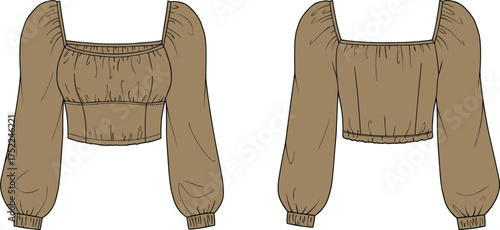 top women crop puff sleeve square neckline gathered bust elastic cuff hem fitted apparel garment clothing fashion textile template vector sketch illustration design pattern feminine stylish prototypet