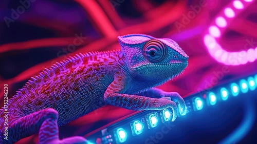 A chameleon lizard perched on top of a light strip, with vibrant colors and a unique pose