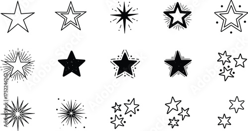 Hand Drawn Star Shapes Collection of Doodle Style, Black Line Isolated on White