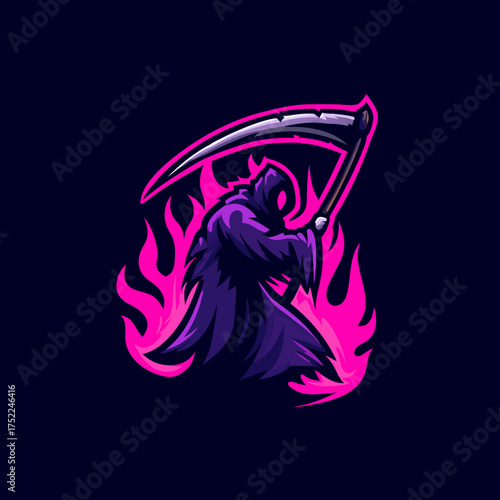 Dark grim reaper mascot with a scythe and vibrant pink flames, ideal for gaming, esports, team logos, and streaming graphics
