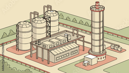 Illustration of industrial factory plant with storage tanks and chimney for energy production process