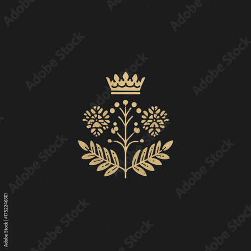 Elegant Golden Royal Crest with Crown and Floral Botanical Design, Vintage Luxurious Heraldic Emblem Illustration on Dark Background