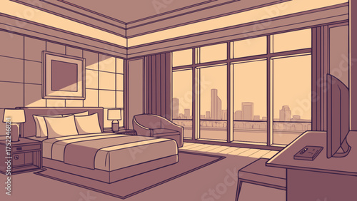 Hotel room interior design with city view illustration for travel and tourism industry concept