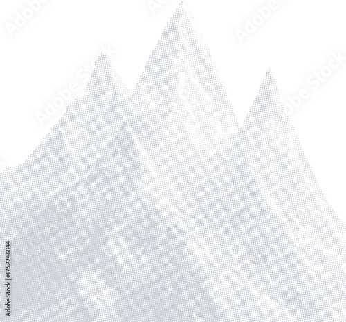 Abstract mountain peaks in a monochrome halftone dot pattern. Surreal glass mountain range vector graphic for outdoor adventure t-shirts and logos.