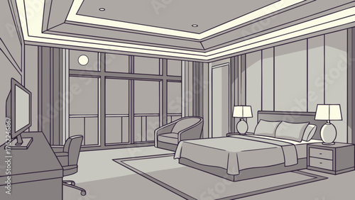 Modern bedroom interior design illustration with bed desk chair and window for hotel apartment