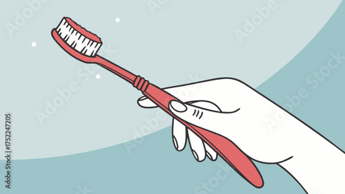 Illustrated hand holding toothbrush for oral hygiene dental care and teeth cleaning routine concept