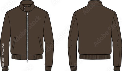 jacket bomber collar high snap button closure zipper pocket side rib cuff hem patch elbow seam apparel garment clothing fashion textile template vector sketch illustration design prototypejacket bombe