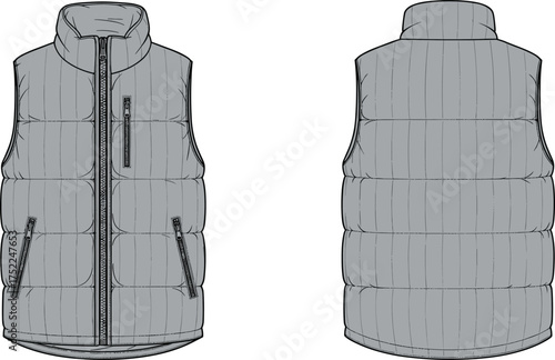vest padded sleeveless collar high zipper closure pocket chest zip angled quilt quilted seam panel insulated apparel garment clothing fashion textile template vector sketch illustration design prototy