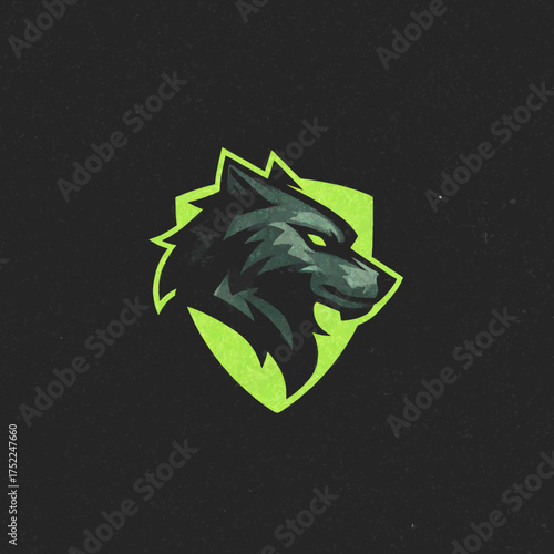Stylized fierce wolf head mascot logo with glowing green eyes on a vibrant neon green shield, perfect for gaming and esports teams