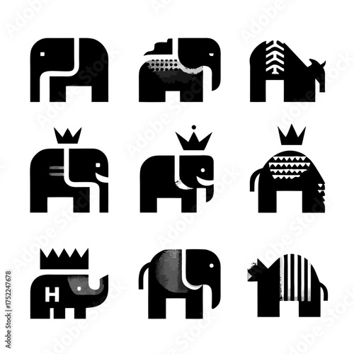 Nine stylized black elephants in a 3x3 grid