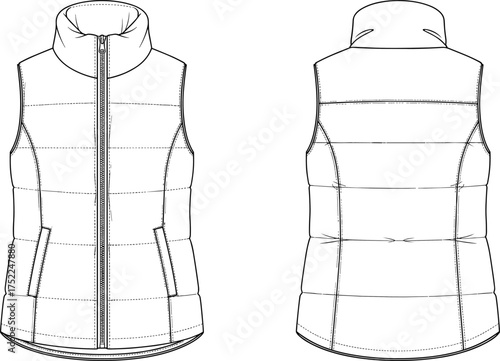 vest padded sleeveless quilted collar high zipper closure pocket zip vertical insulated panel apparel garment clothing fashion textile template vector sketch illustration design pattern outerwear prot