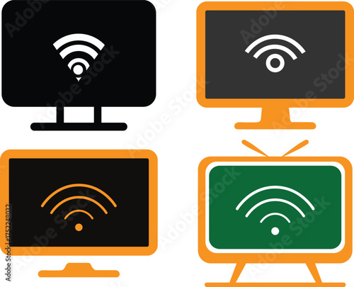 Computer and Smart TV WiFi Connection Icons Set for Modern Wireless Internet and Digital Network Design