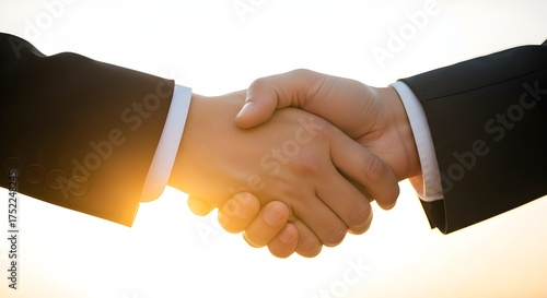 Two Businessmen in Suits Shaking Hands Against a Bright, Sunny, Backlit Sky, Symbolizing Agreement and Partnership