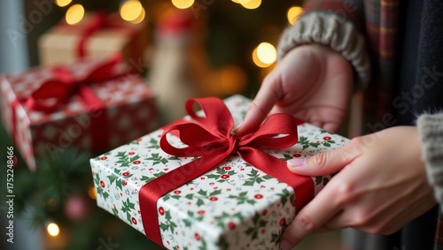 Vividly capturing the essence of the holiday season, a pair of hands expertly wrap Christmas gifts in a charming small business shop. The fingers work swiftly, creating elegantly tied ribbons and beau