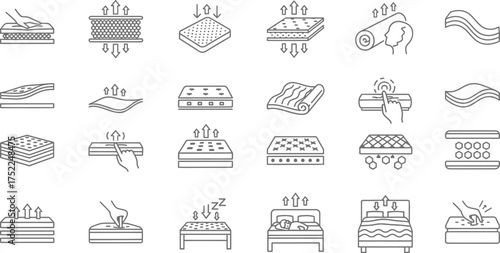 Mattress Outline Icons Set with Airflow, Softness, Comfort, and Sleep Quality Designs