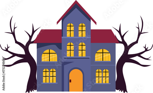 Halloween Haunted house with spooky trees and glowing windows at night.