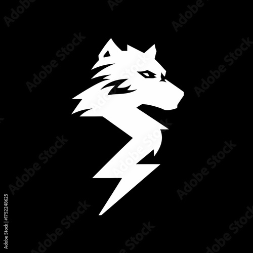 Stylized white wolf head silhouette with a dynamic lightning bolt graphic on a sleek black background, modern minimalist design.