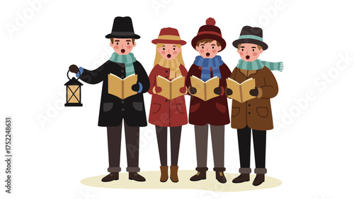 Victorian christmas carolers with lantern — color illustration