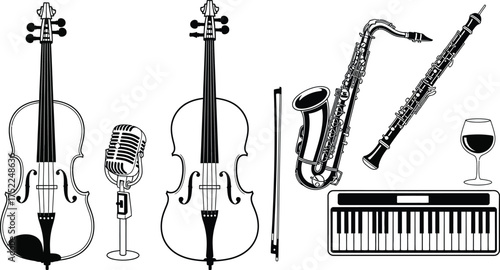 Musical Instruments Violin, Cello, Saxophone, Clarinet, Piano, and Microphone