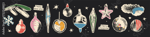 Christmas ornaments halftone art collage cut outs set. Vintage baubles, icicles, stars, pine branches with dotted texture and doodles. Modern retro grunge mixed media vector illustration