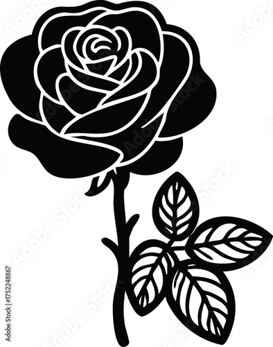 Single rose flower on stem with leaves, black and white botanical vector illustration, elegant floral line art for minimalist natural design with copy space