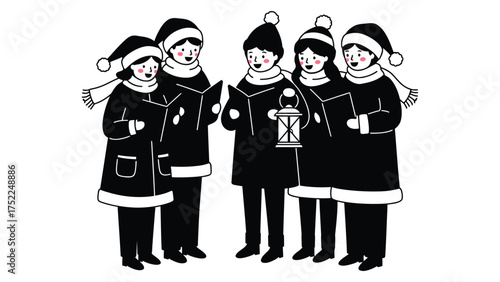 Singing carolers group in cozy winter attire , monochrome
