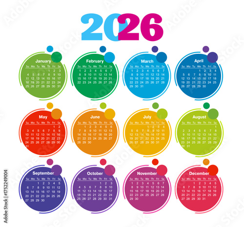 Rainbow calendar Year 2026. vector calendar. The week starts on Sunday.