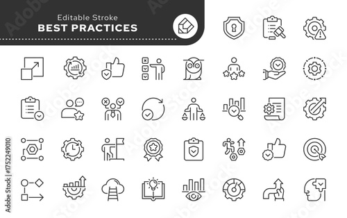 Best practices line icon set. Expertise, methodology, safety, efficiency, optimization, standards, quality, workflow, benchmark and more. Outline icon in linear style. Vector collection.	