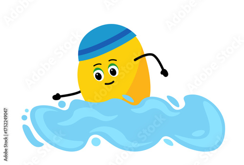 Cute apple. applen swimming.  The concept of health, fitness, cartoon. Vector illustration   in flat style.