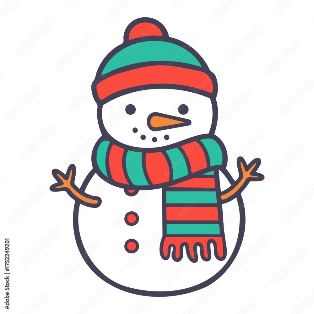 Naklejka premium Illustration of a cheerful snowman with a striped scarf and a matching winter hat design element