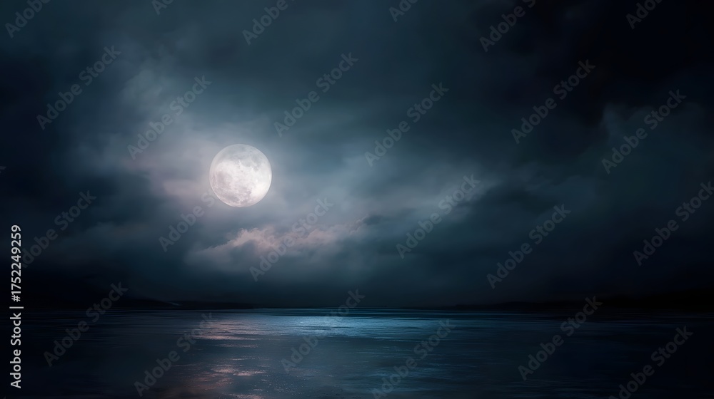 Fototapeta premium A bright full moon glows through atmospheric clouds casting ethereal light upon a dark reflective lake surface at night