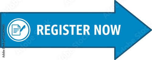 Register now banner with direction arrow and paper icon sign