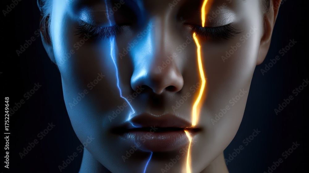 Obraz premium Abstract Female Portrait with Electric Light Lines on Face