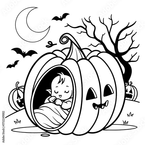 A newborn sleeping inside a pumpkin in Halloween background black white page coloring page
