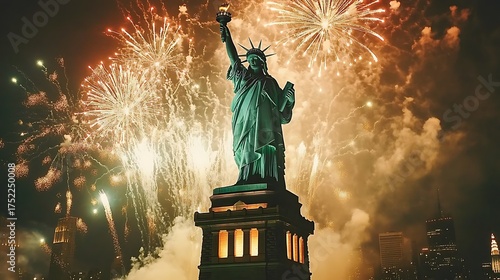 Statue of liberty illuminated by vibrant fireworks display at night
