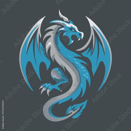 Majestic blue and silver fantasy dragon illustration. Mythical creature design with fierce gaze and powerful wings, detailed vector art.